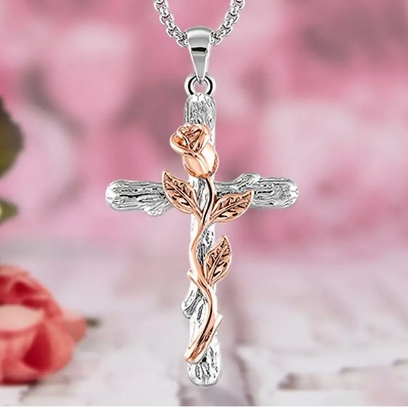 💸💲$13 Rose Gold Sterling Silver Rose Cross Necklace 22" Chain NWOT - Picture 2 of 4